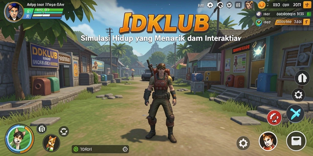Screenshot utama IDKLUB menampilkan karakter dalam lingkungan simulator yang hidup.
