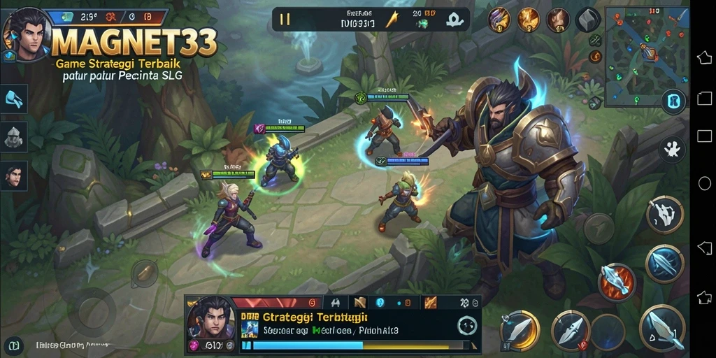 Tangkapan layar gameplay MAGNET33 yang menunjukkan pertempuran dan pembangunan kerajaan.