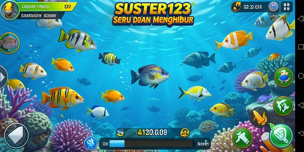 Screenshot gameplay SUSTER123 yang penuh aksi menembak ikan.